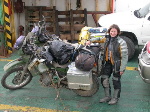 Meet Breezy, a KLR 650 with the attitude of an eleven year old b*tch. Excuse the crazy hair, on this particular morning we had been on a ferry in pretty rough seas for over 5 hours. I was gearing up for a pretty aggressive departure from the boat (crashing waves on a small cement ramp while the boat kept washing away from the ramp... Breezy decided not to start when it was our turn to unload. Chris' bike is behind Breezy with the yellow bag.  